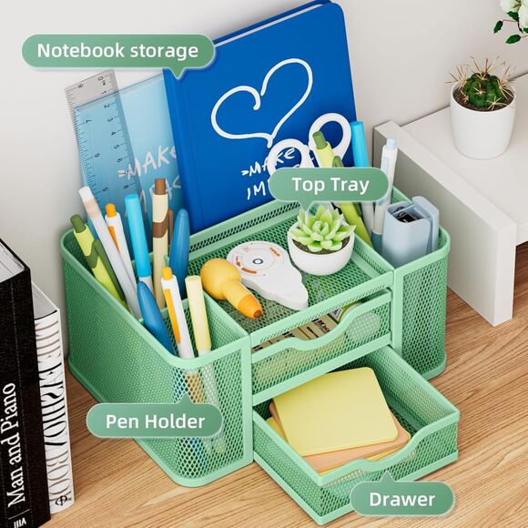 Marbrasse Mesh Desk Organizer, Pen Organizer with 2 Drawer Multi-Functional Penc - Picture 2 of 3